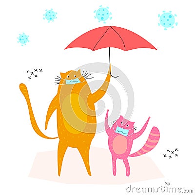 Cat character cover kitten in medical mask with umbrella protect from cvirus cells falling down from sky Vector Illustration