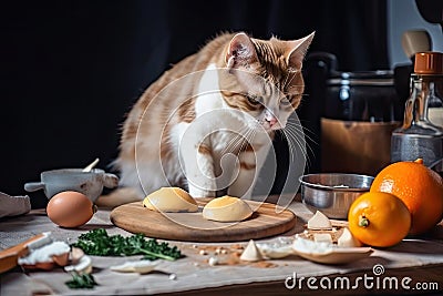 cat chef making fluffy omelet with fresh ingredients and spices Stock Photo