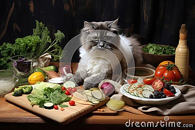 cat chef prepares nutritious, healthy meal for its feline friends Stock Photo