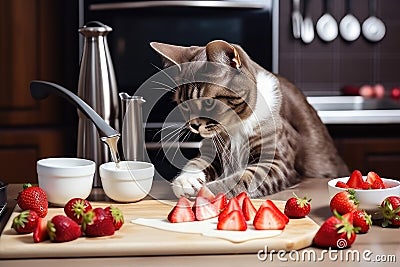 cat chef preparing dessert with ingredients like strawberries, chocolate and cream Stock Photo