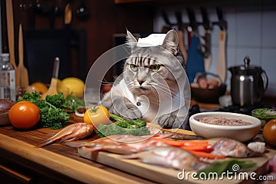 cat chef preparing a feast of fish, fruits, and vegetables for its feline friends Stock Photo