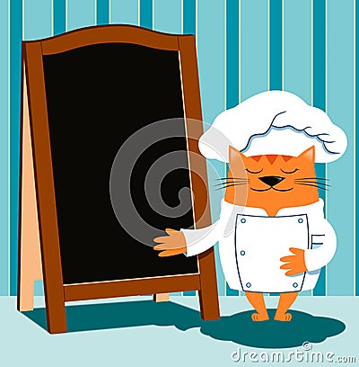 Cat chef in retro cartoon style shows a wooden menu board Cartoon Illustration