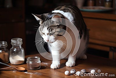 cat chef, whisking eggs and seasoning with salt and pepper for delicate omelette Stock Photo