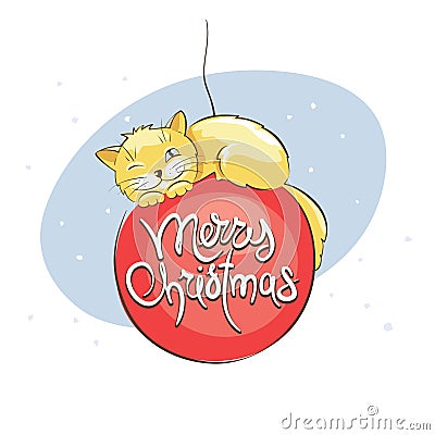 Cat on the christmas ball Vector Illustration