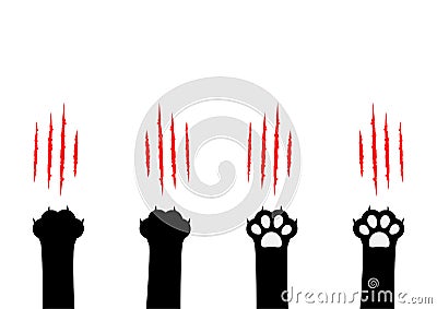 Cat claw scratching set. Black paw print leg foot. Bloody claws animal red scratch scrape track. Cute cartoon character body part Vector Illustration