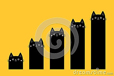 Cat column diagram. Growing charts. Bar chart graph. Funny 5 steps infographics template.Black kitten. Cute cartoon kawaii Vector Illustration
