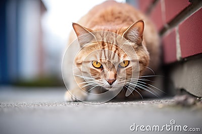 cat crouched in shadow, eyes focused Stock Photo