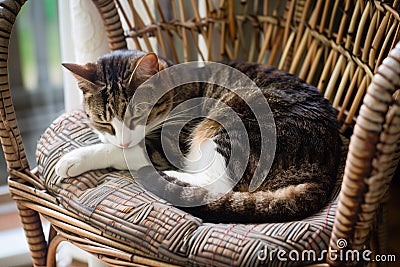 cat curled up on a wicker chair cushion Stock Photo