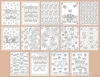 Cat. Cute cats. Coloring pages set Vector Illustration