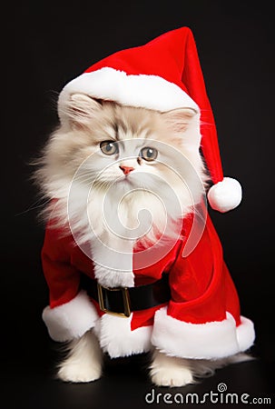 Cat cute funny kitten wearing Santa Claus costume on Christmas glittering lights Stock Photo