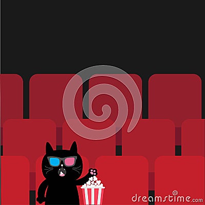 Cat in 3D glasses sitting in movie theater eating popcorn. Vector Illustration