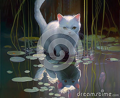 cat 3D high quality in water relax mode night scene Stock Photo