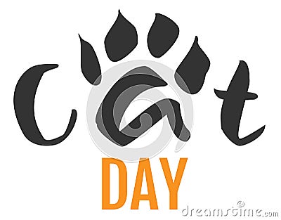 Cat day text feline footprint silhouette isolated on white Vector Illustration