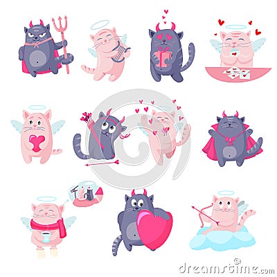 Cat devil cupid angel cartoon characters Valentine Day vector illustration. Funny cat angels and demons cupids Vector Illustration