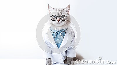 A cat doctor in a medical gown has a clinical stethoscope. White background. Isolated. Portrait of a beautiful cat with Stock Photo