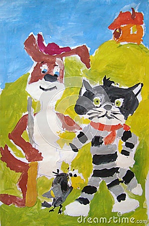 Cat, dog, and bird - gouache painting made by child Stock Photo