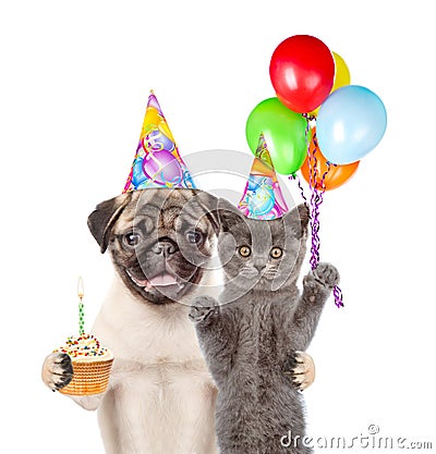 Cat and Dog in birthday hats holding balloons and cake. isolated on white background Stock Photo