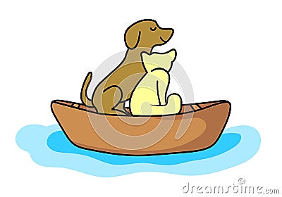 Cat and dog in boat Happy pets illustration Vector Illustration