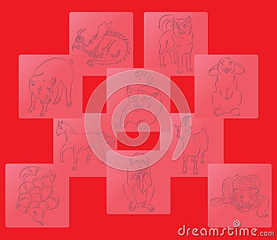 Cat, dog, dragon, goat, horse, monkey, pig, rabbit, snake, tiger Vector Illustration