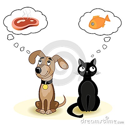 Cat and dog dreaming about food Vector Illustration