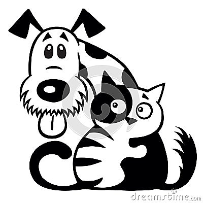 Cat and dog friendship black white Vector Illustration