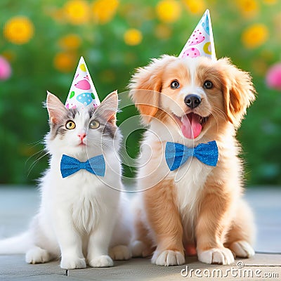 A cat and a dog in party hats and bow ties, sitting amidst yellow flowers. Stock Photo