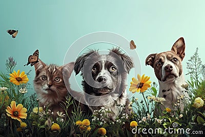 Cat and dogs together with spring flowers. Generative AI Stock Photo