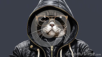 a cat donning sunglasses and a black hoodie while strolling outdoors, showcasing stylish costume design, a blend of Stock Photo