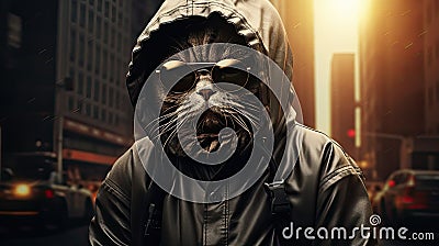 a cat donning sunglasses and a black hoodie while strolling outdoors, showcasing stylish costume design, a blend of Stock Photo