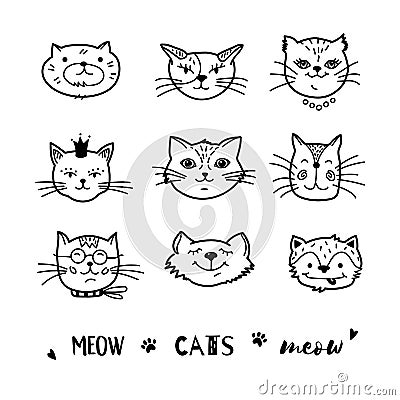 Cat doodle, Hand drawn cats icons collection. Cartoon comic cute kittens. Vector illustration Vector Illustration