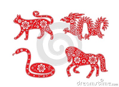 Cat, dragon and snake, horse. Chinese Horoscope animal set. Flower decorative element Vector Illustration