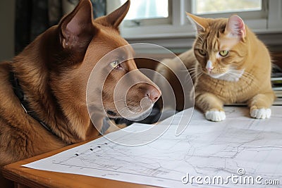 cat, drawing plans on sketchpad, while dog looks on with approval Stock Photo