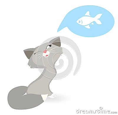Cat dreams of fish. Cat wants to eat fish. Vector Illustration