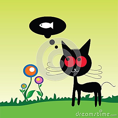 Cat dreem fish on the meadow vector illustration Vector Illustration