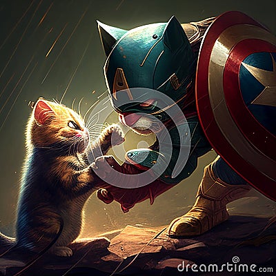 a cat dressed as captain america greets a simple cat Stock Photo