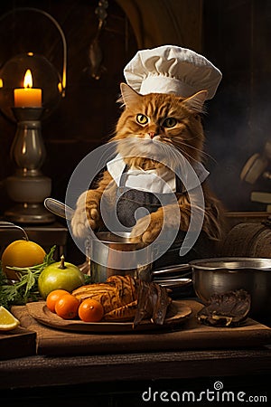 Cat dressed as chef standing in front of table full of food. Generative AI Stock Photo