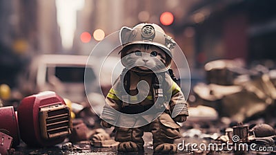 A cat dressed as a fireman stands on the street, AI Stock Photo