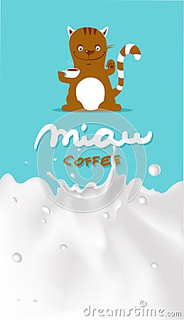 Cat drink coffee, design with milk splash - vector vintage Vector Illustration