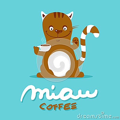 Cat drink coffee - vector vintage Vector Illustration