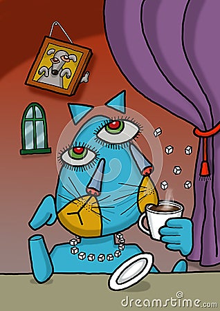 Cat is drinking coffee in Picasso style Cartoon Illustration