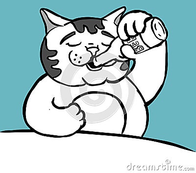 Cat drinks beer from a bottle Vector Illustration