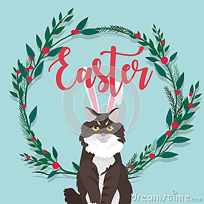 Cat with Easter lettering on flower flame. Stock Photo