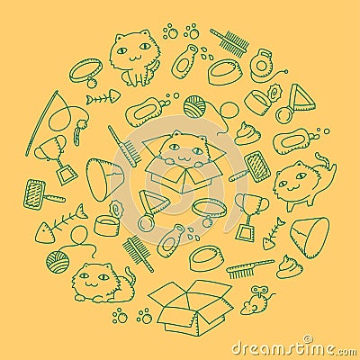 Cat and equipment kids hand drawing set pattern background circle shape illustration Vector Illustration