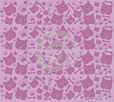 cat face background, bones, cat paws in different purple colors Vector Illustration