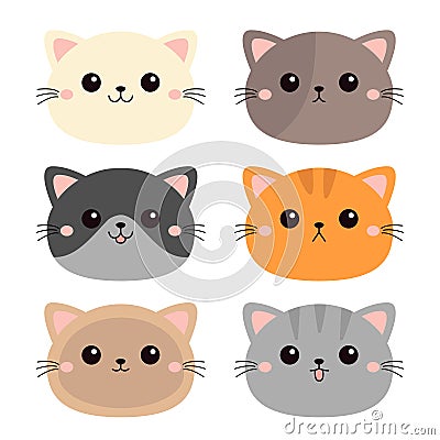 Cat face icon set. Different breeds and patterns, emotions, colors. Cute kitten, kitty. Cartoon kawaii funny baby character. Kids Vector Illustration