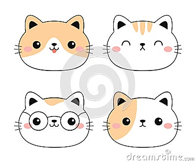 Cat face icon set. Kitten head in glasses, sleeping, happy kitty. Line contour silhouette icon. Funny kawaii smiling doodle animal Vector Illustration
