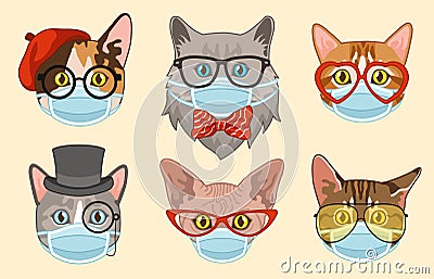 Cat in face mask. Cute heads cats muzzles in medical masks, happy pets portrait stickers, coronavirus social protection Vector Illustration