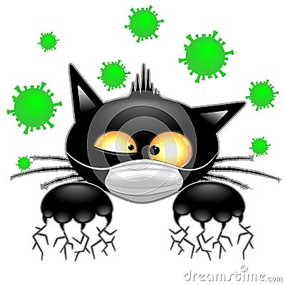 Cat with Face Mask scared by Virus Covid19 Humorous Cartoon Character Vector Illustration