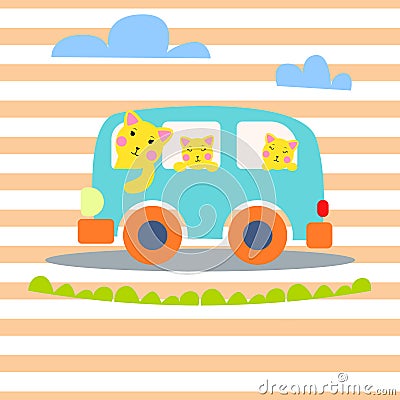 Cat family in hipster van vector illustration for kid apparel. Vector Illustration