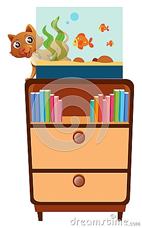 Cat and fishtank on the shelf Vector Illustration